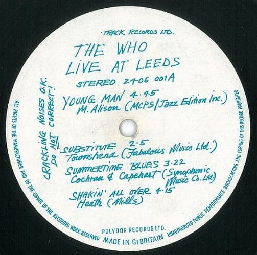 THE WHO Live At Leeds Vinyl Record LP Track 1970